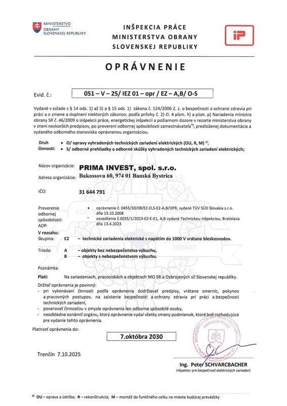 Oprávnenie - Opravy, odborné prehliadky a odborné skúšky VTZ elektrických