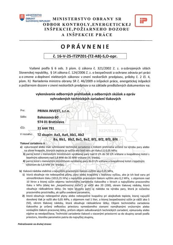 Oprávnenie - odborné prehliadky, odborné skúšky a opravy tlakových VTZ